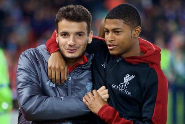 LIVERPOOL, ENGLAND - Wednesday, September 26, 2018: Liverpool's Pedro Chirivella (left) and Rhian Brewster before the Football League Cup 3rd Round match between Liverpool FC and Chelsea FC at Anfield. (Pic by David Rawcliffe/Propaganda)