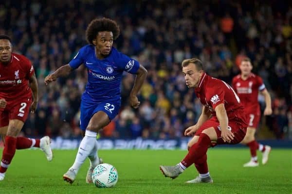 LIVERPOOL, ENGLAND - Wednesday, September 26, 2018: Chelsea's Willian Borges da Silva (centre) and Liverpool's Nathaniel Clyne (left) and Xherdan Shaqiri (right) during the Football League Cup 3rd Round match between Liverpool FC and Chelsea FC at Anfield. (Pic by David Rawcliffe/Propaganda)