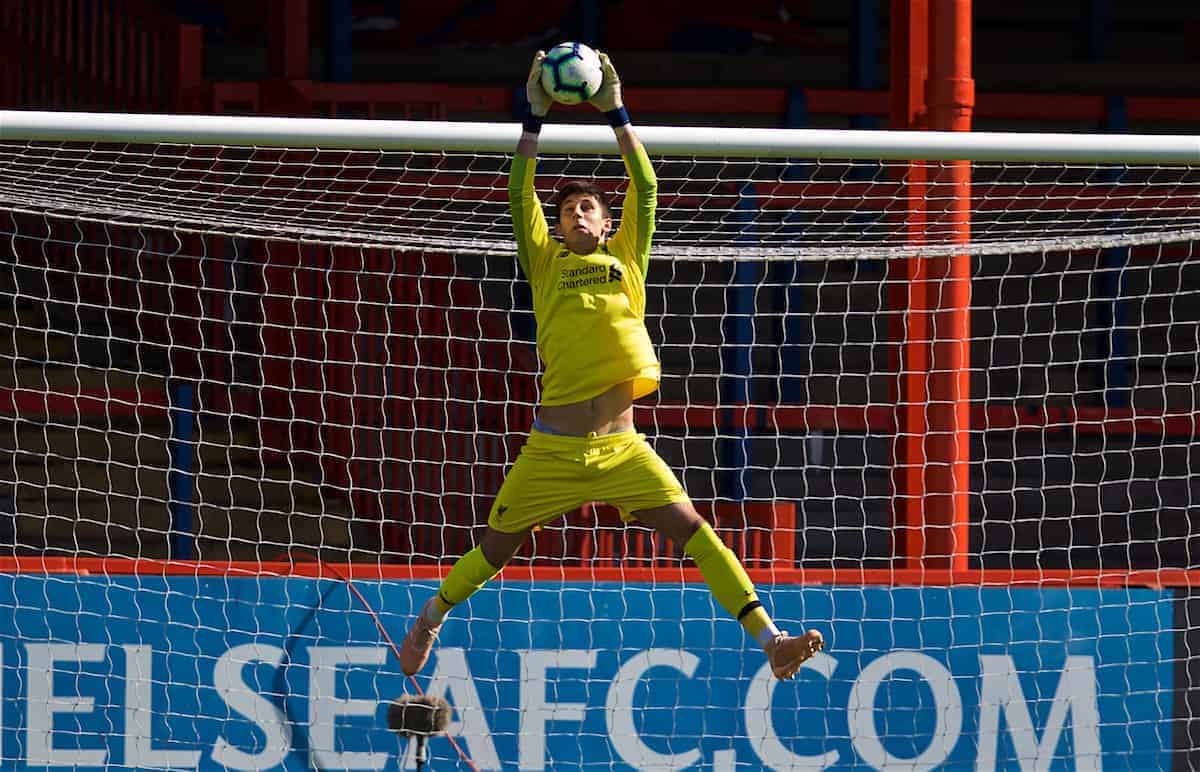 LONDON, ENGLAND - Saturday, September 29, 2018: Liverpool's goalkeeper Kamil Grabara makes save during the Under-23 FA Premier League 2 Division 1 match between Chelsea FC and Liverpool FC at The Recreation Ground. (Pic by David Rawcliffe/Propaganda)