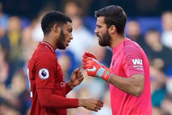 LONDON, ENGLAND - Saturday, September 29, 2018: Liverpool's goalkeeper Alisson Becker (right) and Joe Gomez before the FA Premier League match between Chelsea FC and Liverpool FC at Stamford Bridge. (Pic by David Rawcliffe/Propaganda)