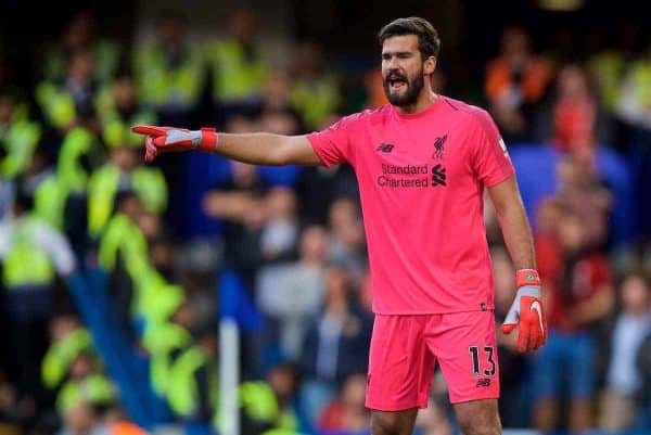 LONDON, ENGLAND - Saturday, September 29, 2018: Liverpool's goalkeeper Alisson Becker during the FA Premier League match between Chelsea FC and Liverpool FC at Stamford Bridge. (Pic by David Rawcliffe/Propaganda)