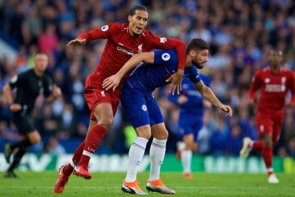 LONDON, ENGLAND - Saturday, September 29, 2018: Liverpool's Virgil van Dijk (left) and Chelsea's Olivier Giroud during the FA Premier League match between Chelsea FC and Liverpool FC at Stamford Bridge. (Pic by David Rawcliffe/Propaganda)