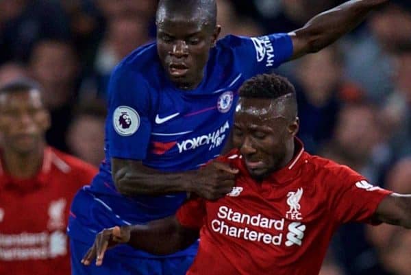 LONDON, ENGLAND - Saturday, September 29, 2018: Liverpool's Naby Keita (right) is tackled by Chelsea's N'Golo Kante during the FA Premier League match between Chelsea FC and Liverpool FC at Stamford Bridge. (Pic by David Rawcliffe/Propaganda)