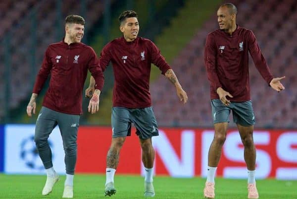 NAPLES, ITALY - Tuesday, October 2, 2018: Liverpool's L-R Alberto Moreno, Roberto Firmino and Fabio Henrique Tavares 'Fabinho' during a training session ahead of the UEFA Champions League Group C match between S.S.C. Napoli and Liverpool FC at Stadio San Paolo. (Pic by David Rawcliffe/Propaganda)