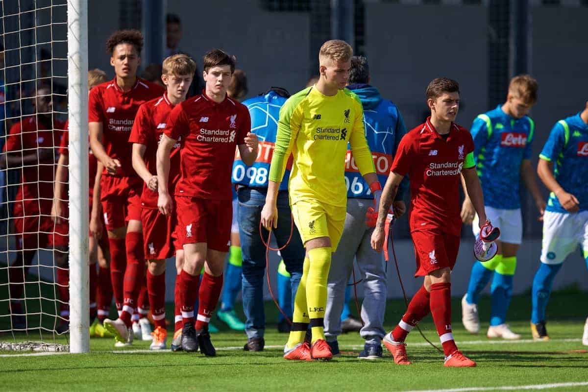 NAPLES, ITALY - Wednesday, October 3, 2018: Liverpool's captain Adam Lewis (R) leads his side out before the UEFA Youth League Group C match between S.S.C. Napoli and Liverpool FC at Stadio Comunale di Frattamaggiore. Liam Coyle, goalkeeper Vitezslav Jaros, captain Adam Lewis. (Pic by David Rawcliffe/Propaganda)