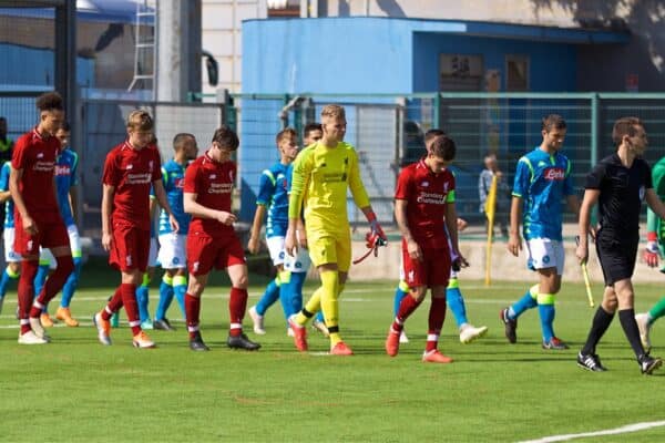 NAPLES, ITALY - Wednesday, October 3, 2018: Liverpool's captain Adam Lewis (R) leads his side out before the UEFA Youth League Group C match between S.S.C. Napoli and Liverpool FC at Stadio Comunale di Frattamaggiore. Liam Coyle, goalkeeper Vitezslav Jaros, captain Adam Lewis. (Pic by David Rawcliffe/Propaganda)