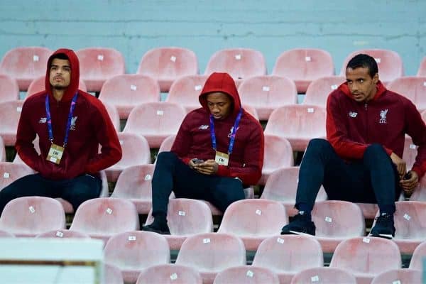 NAPLES, ITALY - Wednesday, October 3, 2018: Liverpool's unused players Dominic Solanke, Nathaniel Clyne and Joel Matip during the UEFA Champions League Group C match between S.S.C. Napoli and Liverpool FC at Stadio San Paolo. (Pic by David Rawcliffe/Propaganda)