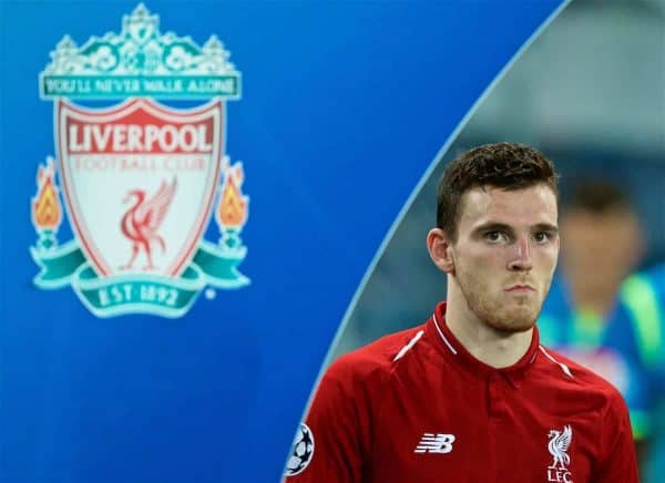 NAPLES, ITALY - Wednesday, October 3, 2018: Liverpool's Andy Robertson walks out before the UEFA Champions League Group C match between S.S.C. Napoli and Liverpool FC at Stadio San Paolo. (Pic by David Rawcliffe/Propaganda)