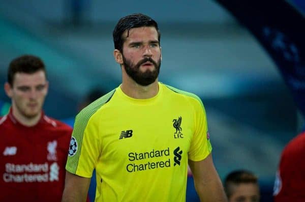 NAPLES, ITALY - Wednesday, October 3, 2018: Liverpool's goalkeeper Alisson Becker walks out before the UEFA Champions League Group C match between S.S.C. Napoli and Liverpool FC at Stadio San Paolo. (Pic by David Rawcliffe/Propaganda)