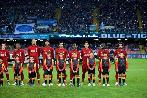 NAPLES, ITALY - Wednesday, October 3, 2018: Liverpool players line-up before the UEFA Champions League Group C match between S.S.C. Napoli and Liverpool FC at Stadio San Paolo. L-R: Georginio Wijnaldum, Virgil van Dijk, Joe Gomez, Trent Alexander-Arnold, Naby Keita, Roberto Firmino, Sadio Mane, Mohamed Salah. (Pic by David Rawcliffe/Propaganda)