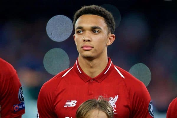 NAPLES, ITALY - Wednesday, October 3, 2018: Liverpool's Trent Alexander-Arnold lines-up before the UEFA Champions League Group C match between S.S.C. Napoli and Liverpool FC at Stadio San Paolo. (Pic by David Rawcliffe/Propaganda)