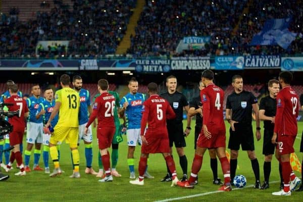 NAPLES, ITALY - Wednesday, October 3, 2018: Liverpool and Napoli players shake hands before the UEFA Champions League Group C match between S.S.C. Napoli and Liverpool FC at Stadio San Paolo. (Pic by David Rawcliffe/Propaganda)