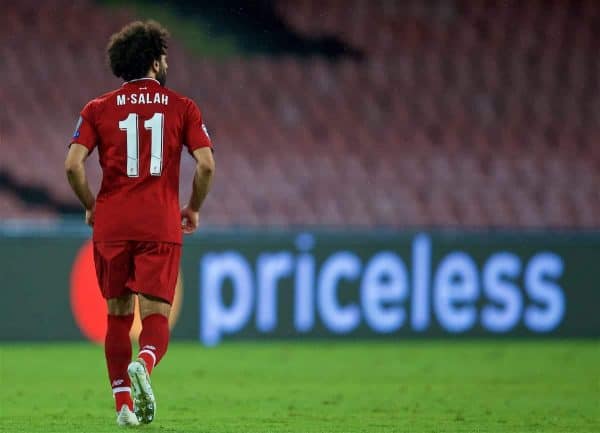 NAPLES, ITALY - Wednesday, October 3, 2018: Priceless... Liverpool's Mohamed Salah during the UEFA Champions League Group C match between S.S.C. Napoli and Liverpool FC at Stadio San Paolo. (Pic by David Rawcliffe/Propaganda)