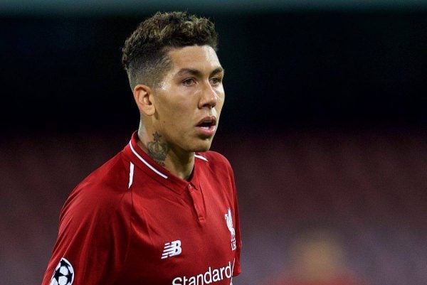 NAPLES, ITALY - Wednesday, October 3, 2018: Liverpool's Roberto Firmino during the UEFA Champions League Group C match between S.S.C. Napoli and Liverpool FC at Stadio San Paolo. (Pic by David Rawcliffe/Propaganda)