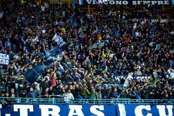 NAPLES, ITALY - Wednesday, October 3, 2018: Napoli supporters celebrate their side's injury time winning goal during the UEFA Champions League Group C match between S.S.C. Napoli and Liverpool FC at Stadio San Paolo. (Pic by David Rawcliffe/Propaganda)