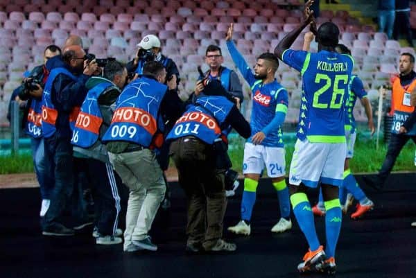 NAPLES, ITALY - Wednesday, October 3, 2018: Napoli's Lorenzo Insigne is surrounded by photographers after his goal sealed a 1-0 victory during the UEFA Champions League Group C match between S.S.C. Napoli and Liverpool FC at Stadio San Paolo. (Pic by David Rawcliffe/Propaganda)