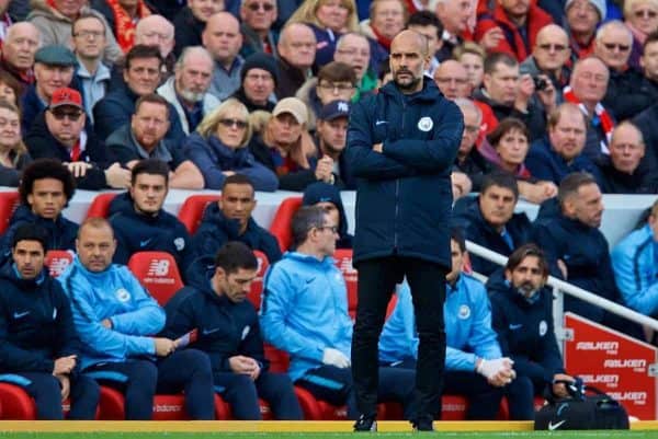 LIVERPOOL, ENGLAND - Sunday, October 7, 2018: Manchester City's manager Pep Guardiola during the FA Premier League match between Liverpool FC and Manchester City FC at Anfield. (Pic by David Rawcliffe/Propaganda)