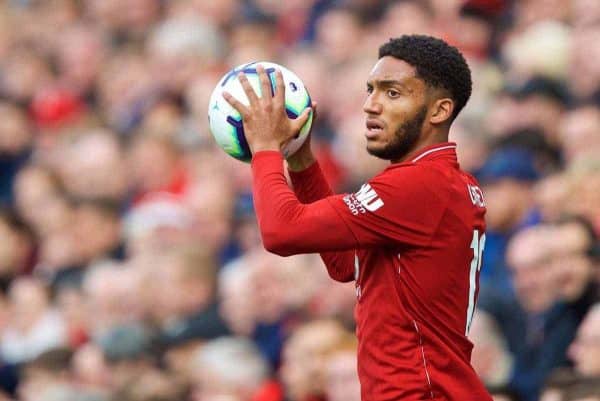 LIVERPOOL, ENGLAND - Sunday, October 7, 2018: Liverpool's Joe Gomez prepares to take a throw-in during the FA Premier League match between Liverpool FC and Manchester City FC at Anfield. (Pic by David Rawcliffe/Propaganda)