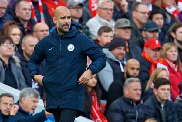 LIVERPOOL, ENGLAND - Sunday, October 7, 2018: Manchester City's manager Pep Guardiola during the FA Premier League match between Liverpool FC and Manchester City FC at Anfield. (Pic by David Rawcliffe/Propaganda)