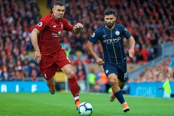 LIVERPOOL, ENGLAND - Sunday, October 7, 2018: Liverpool's Dejan Lovren (L) and Manchester City's Sergio Aguero during the FA Premier League match between Liverpool FC and Manchester City FC at Anfield. (Pic by David Rawcliffe/Propaganda)