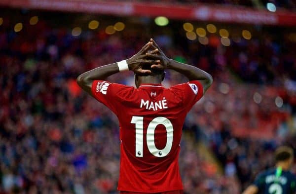 LIVERPOOL, ENGLAND - Sunday, October 7, 2018: Liverpool's Sadio Mane looks dejected after missing a chance during the FA Premier League match between Liverpool FC and Manchester City FC at Anfield. (Pic by David Rawcliffe/Propaganda)