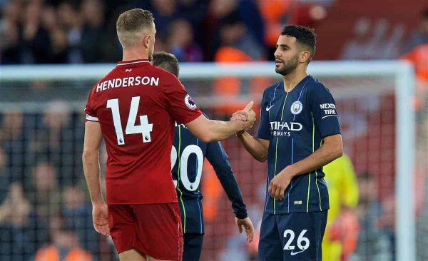 LIVERPOOL, ENGLAND - Sunday, October 7, 2018: Liverpool's captain Jordan Henderson (L) and Manchester City's Riyad Mahrez after during the FA Premier League match between Liverpool FC and Manchester City FC at Anfield. (Pic by David Rawcliffe/Propaganda)