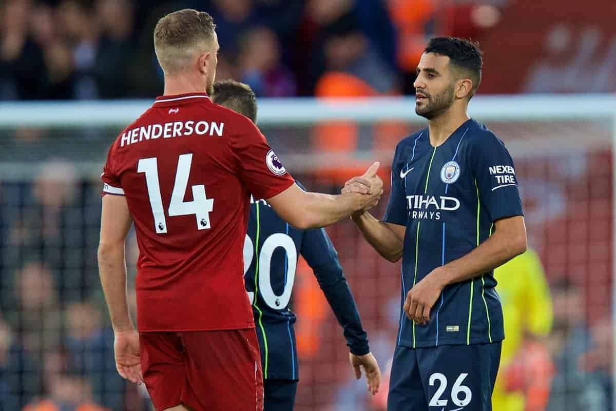 LIVERPOOL, ENGLAND - Sunday, October 7, 2018: Liverpool's captain Jordan Henderson (L) and Manchester City's Riyad Mahrez after during the FA Premier League match between Liverpool FC and Manchester City FC at Anfield. (Pic by David Rawcliffe/Propaganda)