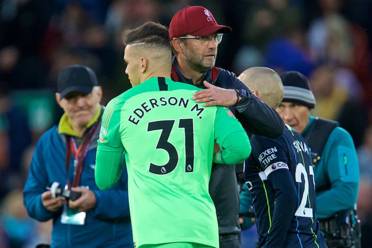 LIVERPOOL, ENGLAND - Sunday, October 7, 2018: Liverpool's manager Jürgen Klopp embraces Manchester City's goalkeeper Ederson Moraes after the FA Premier League match between Liverpool FC and Manchester City FC at Anfield. (Pic by David Rawcliffe/Propaganda)