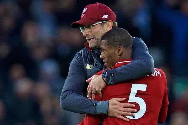 LIVERPOOL, ENGLAND - Sunday, October 7, 2018: Liverpool's manager J¸rgen Klopp embraces Georginio Wijnaldum after the FA Premier League match between Liverpool FC and Manchester City FC at Anfield. The game ended goal-less. (Pic by David Rawcliffe/Propaganda)