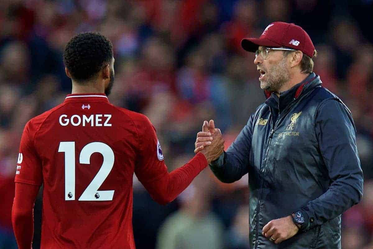 LIVERPOOL, ENGLAND - Sunday, October 7, 2018: Liverpool's manager J¸rgen Klopp (R) and Joe Gomez after the FA Premier League match between Liverpool FC and Manchester City FC at Anfield. The game ended goal-less. (Pic by David Rawcliffe/Propaganda)