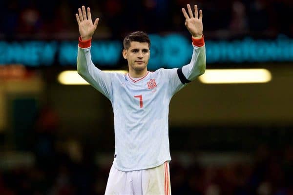 CARDIFF, WALES - Thursday, October 11, 2018: Spain's Álvaro Morata waves to the travelling supporters after the International Friendly match between Wales and Spain at the Principality Stadium. Spain won 4-1. (Pic by Laura Malkin/Propaganda)