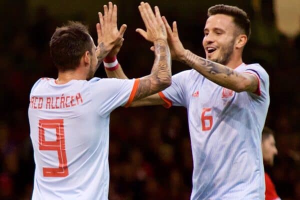 CARDIFF, WALES - Thursday, October 11, 2018: Spain's Paco Alcácer (L) celebrates scoring the third goal with team-mate Saúl Ñíguez Esclápez during the International Friendly match between Wales and Spain at the Principality Stadium. (Pic by Lewis Mitchell/Propaganda)