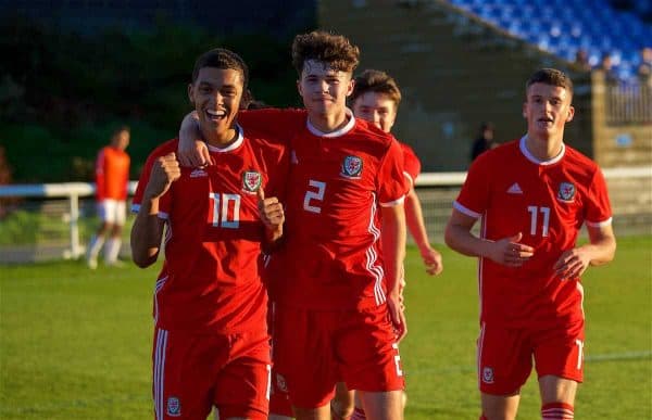 BANGOR, WALES - Monday, October 15, 2018: Wales' Brennan Johnson (L) celebrates scoring the first goal with team-mate Neco Williams during the UEFA Under-19 International Friendly match between Wales and Poland at the VSM Bangor Stadium. (Pic by Paul Greenwood/Propaganda)