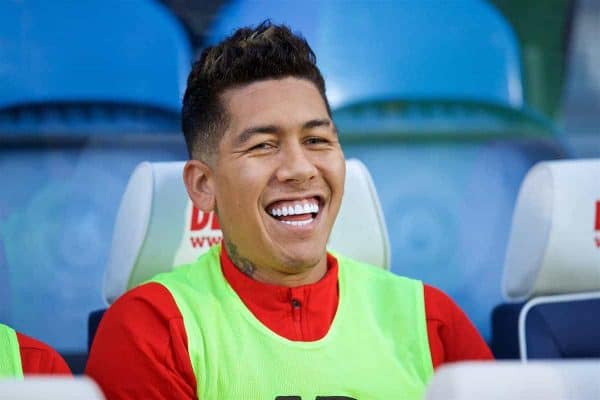 HUDDERSFIELD, ENGLAND - Saturday, October 20, 2018: Liverpool's substitute Roberto Firmino on the bench before the FA Premier League match between Huddersfield Town FC and Liverpool FC at Kirklees Stadium. (Pic by David Rawcliffe/Propaganda)