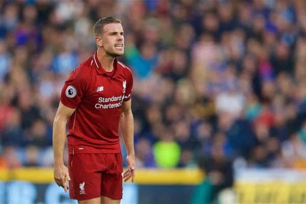 HUDDERSFIELD, ENGLAND - Saturday, October 20, 2018: Liverpool's captain Jordan Henderson during the FA Premier League match between Huddersfield Town FC and Liverpool FC at Kirklees Stadium. (Pic by David Rawcliffe/Propaganda)