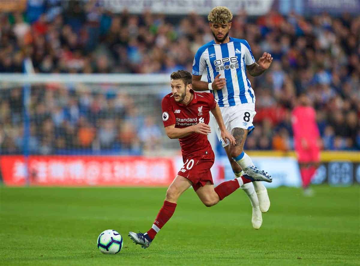 HUDDERSFIELD, ENGLAND - Saturday, October 20, 2018: Liverpool's Adam Lallana and Huddersfield Town's Philip Billing during the FA Premier League match between Huddersfield Town FC and Liverpool FC at Kirklees Stadium. (Pic by David Rawcliffe/Propaganda)