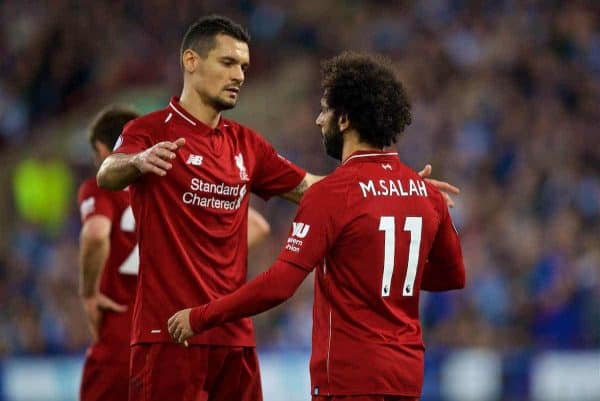 HUDDERSFIELD, ENGLAND - Saturday, October 20, 2018: Liverpool's Mohamed Salah (R) celebrates scoring the winning goal with team-mate Dejan Lovren during the FA Premier League match between Huddersfield Town FC and Liverpool FC at Kirklees Stadium. Liverpool won 1-0. (Pic by David Rawcliffe/Propaganda)