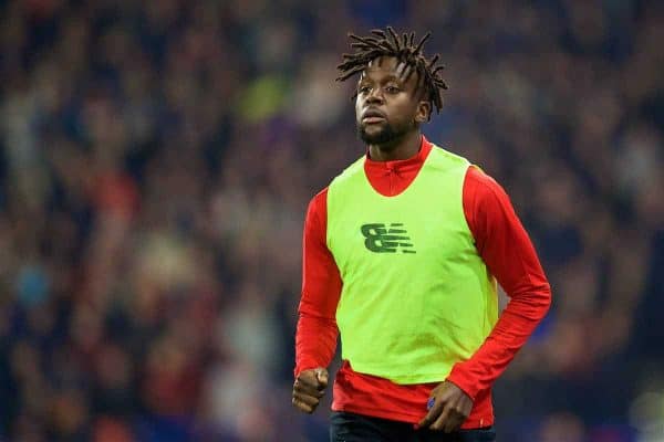 HUDDERSFIELD, ENGLAND - Saturday, October 20, 2018: Liverpool's substitute Divock Origi warms-up during the FA Premier League match between Huddersfield Town FC and Liverpool FC at Kirklees Stadium. (Pic by David Rawcliffe/Propaganda)