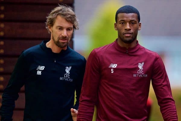 LIVERPOOL, ENGLAND - Tuesday, October 23, 2018: Liverpool's Georginio Wijnaldum (R) an head of fitness and conditioning Andreas Kornmayer during a training session at Melwood Training Ground ahead of the UEFA Champions League Group C match between Liverpool FC and FK Crvena zvezda (Red Star Belgrade). (Pic by David Rawcliffe/Propaganda)