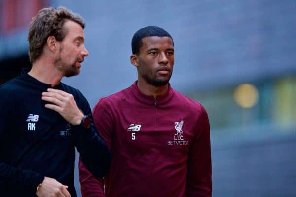 LIVERPOOL, ENGLAND - Tuesday, October 23, 2018: Liverpool's Georginio Wijnaldum during a training session at Melwood Training Ground ahead of the UEFA Champions League Group C match between Liverpool FC and FK Crvena zvezda (Red Star Belgrade). (Pic by David Rawcliffe/Propaganda)