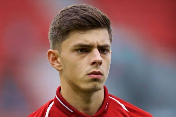 ST HELENS, ENGLAND - Wednesday, October 24, 2018: Liverpool's captain Adam Lewis lines-up before the UEFA Youth League Group C match between Liverpool FC and FK Crvena zvezda at Langtree Park. (Pic by David Rawcliffe/Propaganda)