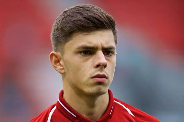 ST HELENS, ENGLAND - Wednesday, October 24, 2018: Liverpool's captain Adam Lewis lines-up before the UEFA Youth League Group C match between Liverpool FC and FK Crvena zvezda at Langtree Park. (Pic by David Rawcliffe/Propaganda)