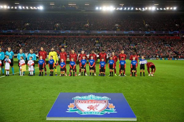 LIVERPOOL, ENGLAND - Wednesday, October 24, 2018: Liverpool players line-up before the UEFA Champions League Group C match between Liverpool FC and FK Crvena zvezda (Red Star Belgrade) at Anfield. captain Virgil van Dijk, goalkeeper Alisson Becker, Fabio Henrique Tavares 'Fabinho', Trent Alexander-Arnold, Andy Robertson, Georginio Wijnaldum, Joe Gomez, Xherdan Shaqiri, Roberto Firmino, Sadio Mane, Mohamed Salah. (Pic by David Rawcliffe/Propaganda)