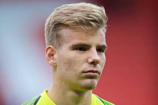 ST HELENS, ENGLAND - Wednesday, October 24, 2018: Liverpool's goalkeeper Vitezslav Jaros lines-up before the UEFA Youth League Group C match between Liverpool FC and FK Crvena zvezda at Langtree Park. (Pic by David Rawcliffe/Propaganda)