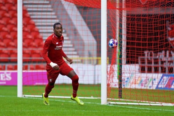 ST HELENS, ENGLAND - Wednesday, October 24, 2018: Liverpool's Rafael Camacho celebrates scoring a goal but it was disallowed for offsite during the UEFA Youth League Group C match between Liverpool FC and FK Crvena zvezda at Langtree Park. (Pic by David Rawcliffe/Propaganda)