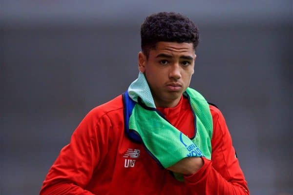 ST HELENS, ENGLAND - Wednesday, October 24, 2018: Liverpool's substitute Ki-jana Hoever warms-up during the UEFA Youth League Group C match between Liverpool FC and FK Crvena zvezda at Langtree Park. (Pic by David Rawcliffe/Propaganda)