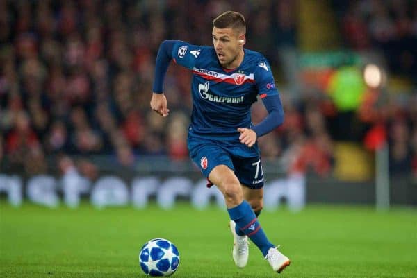 LIVERPOOL, ENGLAND - Wednesday, October 24, 2018: FK Crvena zvezda Marko Gobelji? during the UEFA Champions League Group C match between Liverpool FC and FK Crvena zvezda (Red Star Belgrade) at Anfield. (Pic by David Rawcliffe/Propaganda)