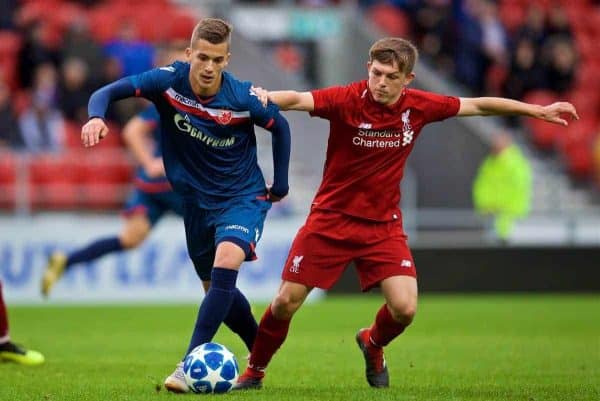 ST HELENS, ENGLAND - Wednesday, October 24, 2018: FK Crvena zvezda's Bogdan Jocic (L) and Liverpool's's Leighton Clarkson during the UEFA Youth League Group C match between Liverpool FC and FK Crvena zvezda at Langtree Park. (Pic by David Rawcliffe/Propaganda)