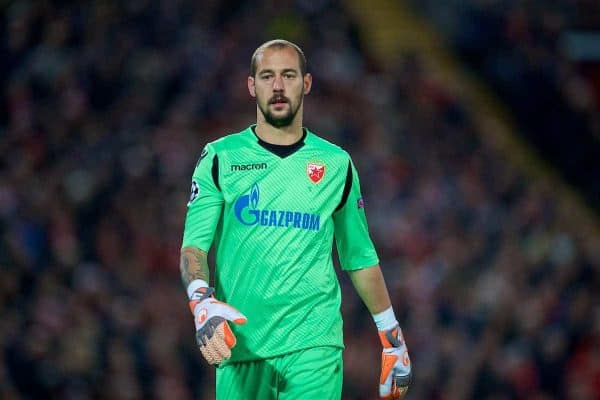 LIVERPOOL, ENGLAND - Wednesday, October 24, 2018: FK Crvena zvezda goalkeeper Milan Borjan during the UEFA Champions League Group C match between Liverpool FC and FK Crvena zvezda (Red Star Belgrade) at Anfield. (Pic by David Rawcliffe/Propaganda)