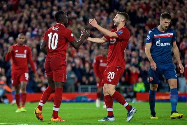 LIVERPOOL, ENGLAND - Wednesday, October 24, 2018: Liverpool's Sadio Mane (L) celebrates scoring the fourth goal with team-mate Adam Lallana during the UEFA Champions League Group C match between Liverpool FC and FK Crvena zvezda (Red Star Belgrade) at Anfield. (Pic by David Rawcliffe/Propaganda)